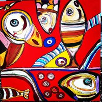abstrakt malerier fugl fisk cobra maleriertilsalg festlige farver art danishart